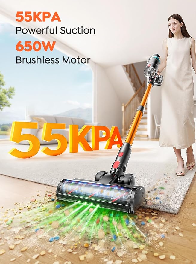 Cordless Vacuum Cleaner 650W 55KPA 70Mins Vacuum Cleaners for Home Upgraded Stick Vacuum with 3.3Ft Extendable Hose LED Touch Screen Wall Charging Station Auto Mode for Carpet Pet Hair Hard Floor