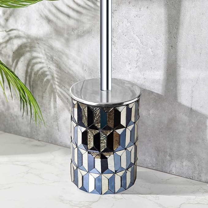 Escenzy Cute Toilet Brush and Holder Set Mosaic Glass | Non-Rustic Stainless Steel | Practical &amp Decorative Toilet Bowl Brush and Holder | Luxury Black and Gold Bathroom Accessories (Latest)