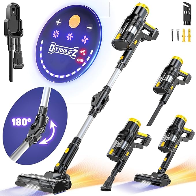 350W 40KPa Cordless Vacuum Cleaner Compatible with DeWalt 20V Battery (No Battery) 6-in-1 Self-Standing Stick Vacuum 3 Models Dual Dust Cup LED Display &amp 180° Bendable Wand