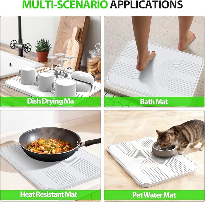 2 PCS Stone Dish Drying Mat ＆ Silicone Mat for Kitchen Counter – Diatomaceous Earth Bath Mat for Bathroom 16.14L×12.4W×2 Quick Dry Mats for Dishes Bottles Cups Match Any Countertop(White)