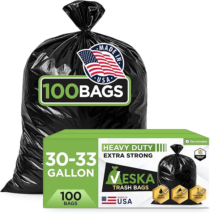 Veska 33 Gallon Trash Bags (Huge 100 Bags w/Ties) Large Black Garbage Bags 30 Gallon 32 Gallon 35 Gallon Trash Can Liners