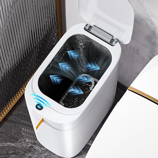 MOPUP Bathroom Trash Can Automatic Bagging Garbage Can 3.5 Gallon Slim Smart Small Plastic Trash Bin Narrow Motion Sensor Trash Can for Bedroom Office White