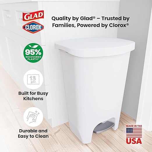 Glad 13 Gallon Trash Can | Plastic Kitchen Waste Bin with Odor Protection of Lid | Hands Free with Step On Foot Pedal and Garbage Bag Rings 13 Gallon White