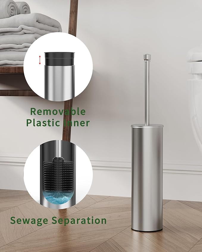 Toilet Brush and Holder Set Toilet Bowl Brush for Bathroom with Long Handle Stainless Steel Toilet Cleaner Brush with Durable Scrubbing BristlesSplash-Proof (Brushed Nickel)