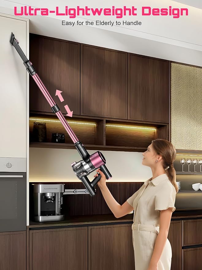Cordless Vacuum Cleaner 10 in 1 Stick Vacuum with Powerful Suction Hose Green LED Light Anti-Tangle Brush Lightweight Rechargeable Vacuum Cleaner for Home Hardwood Floors Carpets Pet HairPink