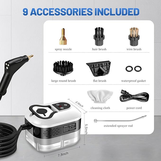 Pressurized Handheld Steam Cleaner Portable Steamer for Cleaning with 1.2L Large Tank 15s Fast Heat-Up 6-Level Adjustable Powerful Steam Cleaner for Home Car Kitchen Tile Grout(White)