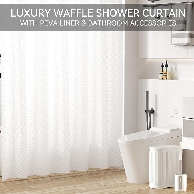 Stainless Steel Bathroom Trash Can and Toilet Brush Set1.6 Gallon Small Trash Bin with Press Type Lid White Bathroom Sets with Curtain and Liner for Bathroom