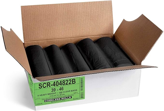 Aluf Plastics 45 Gallon 22 Micron (eq) Black Trash Bags - 39 x 46 - Pack of 150 - For Home Office &amp Bathroom