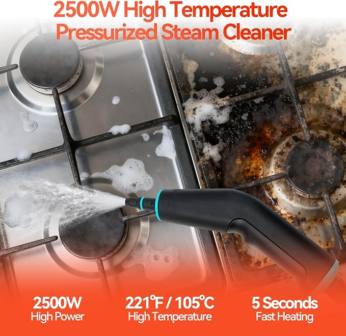 2500W Handheld Steam Cleaner 6-Speed Portable Steamer with Large Tank &amp 10 Accessories 10s Heat-Up steamer cleaning for Kitchen Bathroom Car Detailing Tile &amp Grout Cleaning