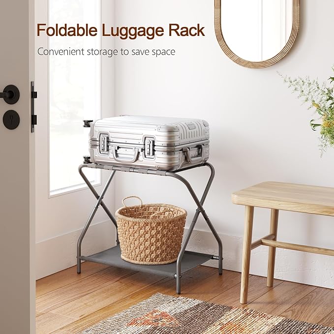 AMHANCIBLE Luggage Rack Set of 2 Foldable Suitcase Stands for Guest Room Metal Luggage Holder with Storage Shelf for Bedroom Hotel Easy Assemble HLR02GY