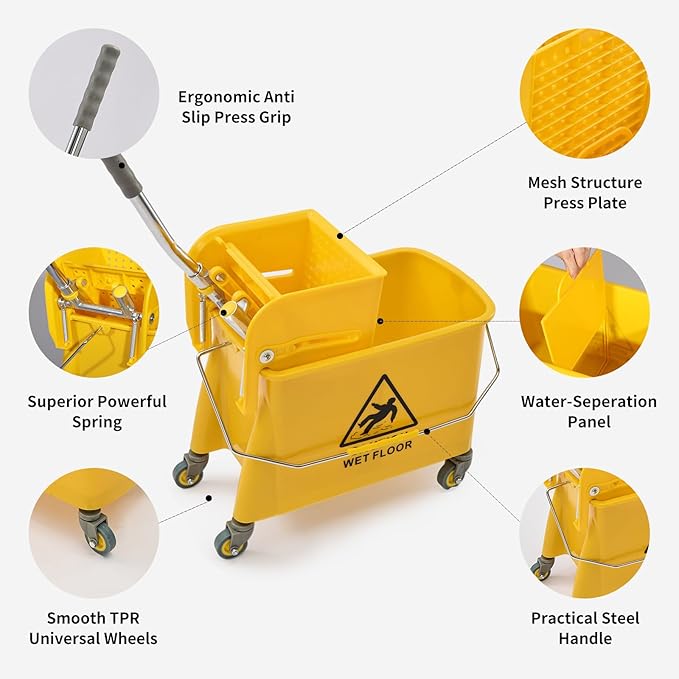 22 Qt (5.5 Gallon) Mop Bucket with Wringer for Floor Cleaning Handle Wheels 16.5 L x 10.6 W x 26.4 H YellowAdd One Loop-end String Mop