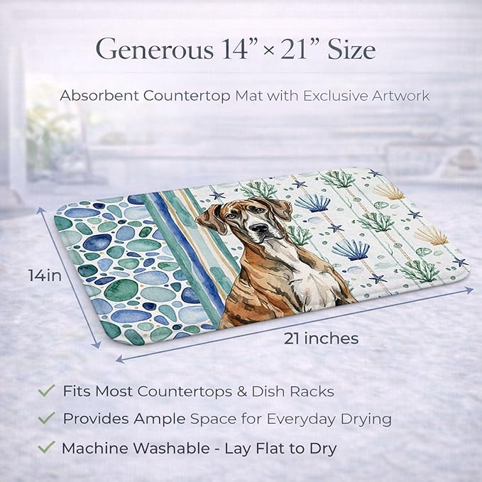 Caroline's Treasures Brindle Great Dane Coastal Sea Glass Dish Drying Mat Absorbent Dish Drying Mat Pad for Kitchen Counter Dish Drainer Mat for Countertop 14 x 21 Multicolor