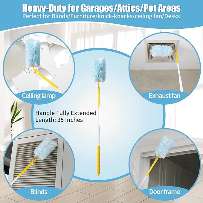 60 Count 360° Heavy Duty Duster Refills Compatible with SwifferLarge Size-Extra Thick Disposable Electrostatic Duster Refill with 1 Retractable Handle(35-inch Length Fully expanded)