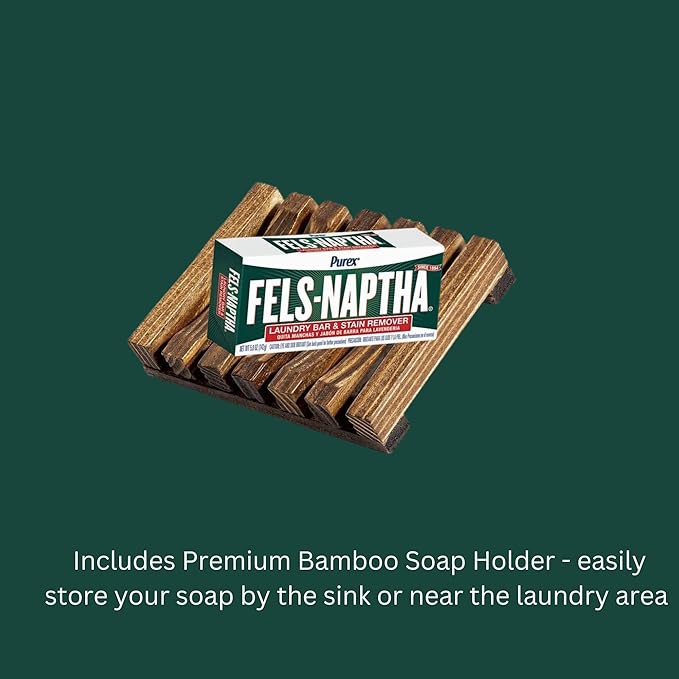 Fels-Naptha Laundry Detergent Bar Soap and Stain Remover Bundle - Includes TWO Fels-Naptha Laundry Bar 1 Bamboo Soap Holder 1 Sisal Soap Bag DIY Laundry Detergent Recipe and Best uses of Fels Soap