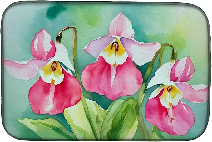 Caroline's Treasures DAC1673DDM Minnesota Pink and White Lady�s Slippers in Watercolor Dish Drying Mat Absorbent Dish Drying Mat Pad for Kitchen Counter Dish Drainer Mat for Countertop 14 x 21 Mult