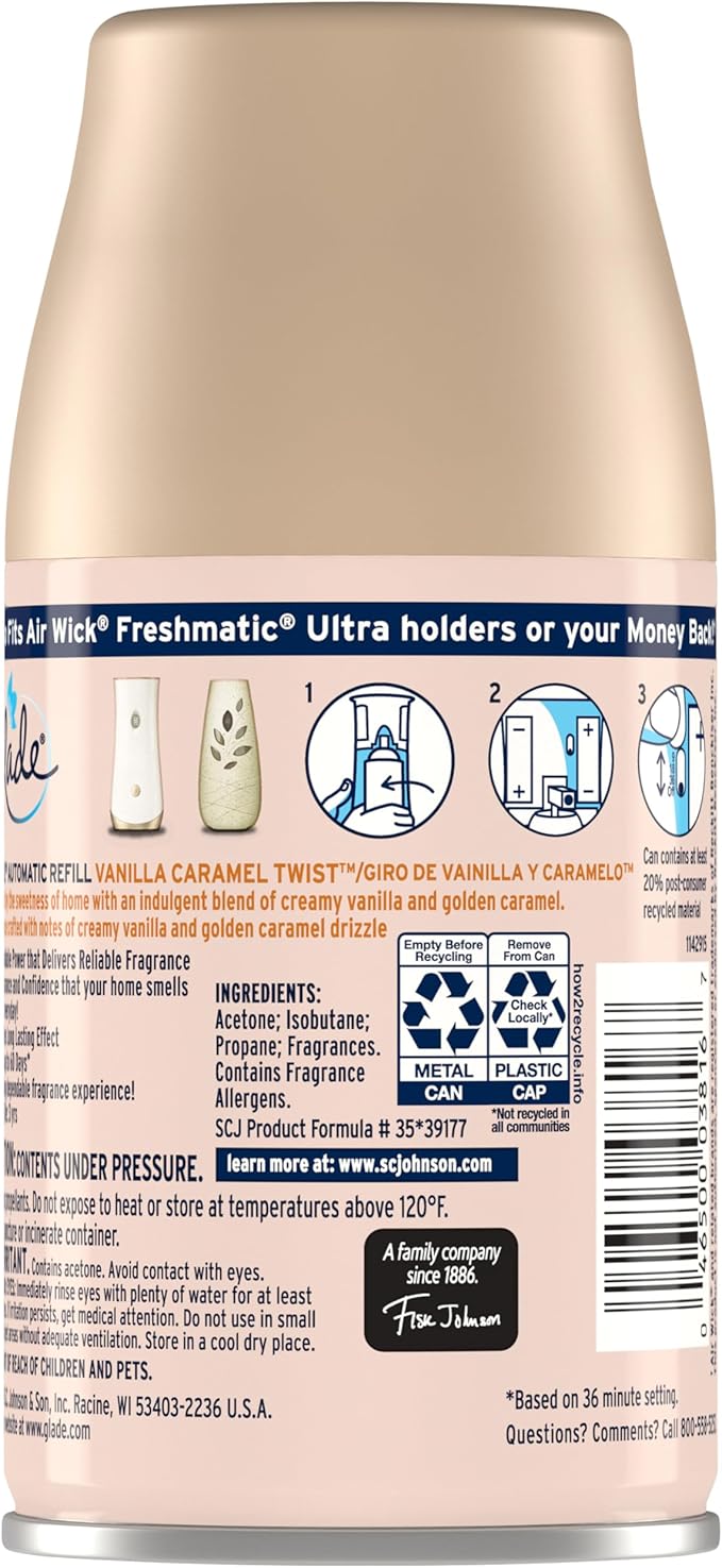 Glade Automatic Spray Refill Air Freshener for Home and Bathroom Vanilla Caramel Twist 6.2 Oz 6 Count
