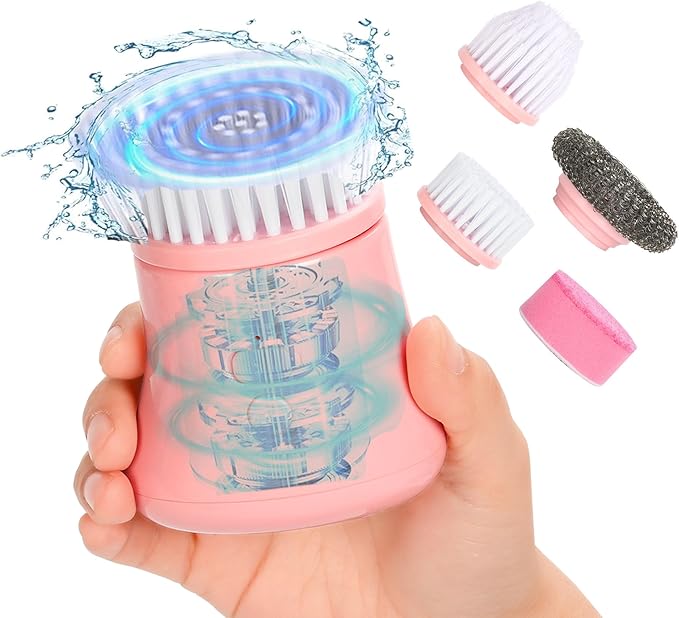 Electric Dish Washing Brush Small Handheld Power Scrubber Pink Cordless Cleaning Brushes kit Gift for Woman for Kitchen cleanup Dishes/Plates/Sink IP66 Waterproof Household Cleaning Supplies
