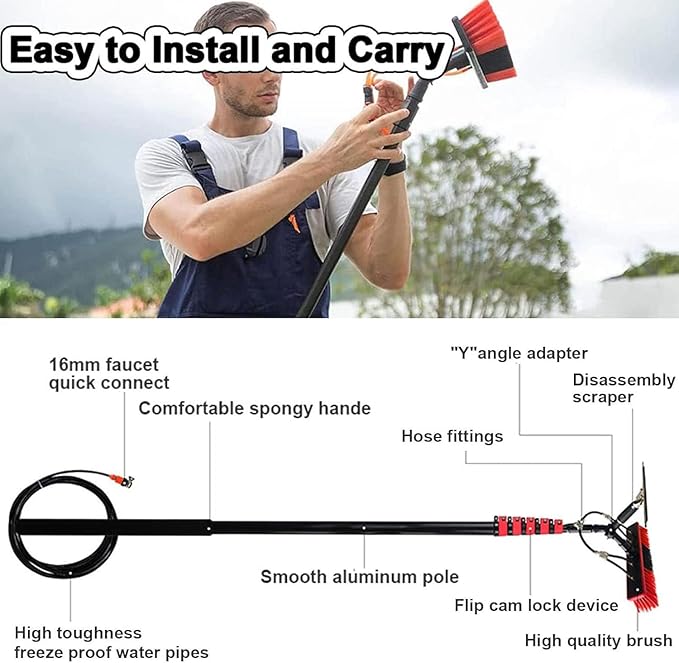 Telescopic Window Cleaning Pole Kit Water Fed Telescopic Brush Extendable Cleaner Conservatory Roof Cleaning Window Cleaner Kit for Photovoltaic Panel Cleaning Trucks3.6M/12FT