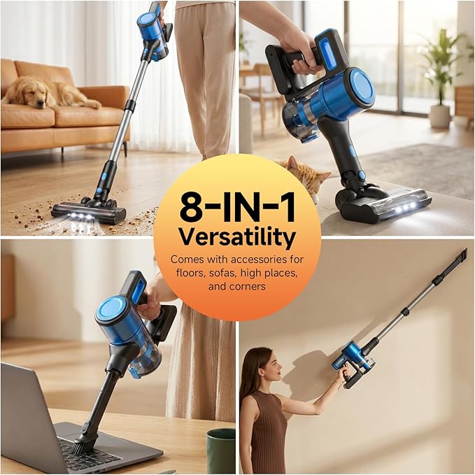 Cordless Vacuum Cleaner for Home - Lightweight Stick Vacuum Clean with Rechargeable Battery Max 45Mins Runtime 8 in 1 Handheld Vacuum for Hardfloor &amp Carpets Pet Hair Blue&ampBlack