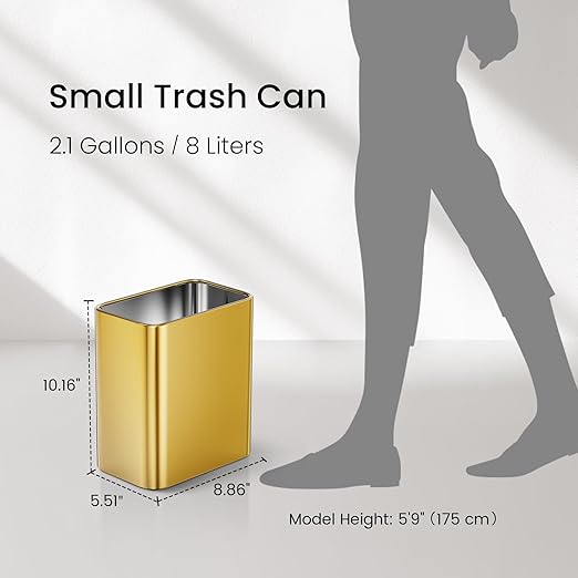 Cesun Small Bathroom Trash Can 2.1 Gallon Wastebasket Modern Metal Garbage Can Office Waste Basket Gold Stainless Steel Trash Bin for Bedroom Home Office Toilet rv Near Desk Under Sink