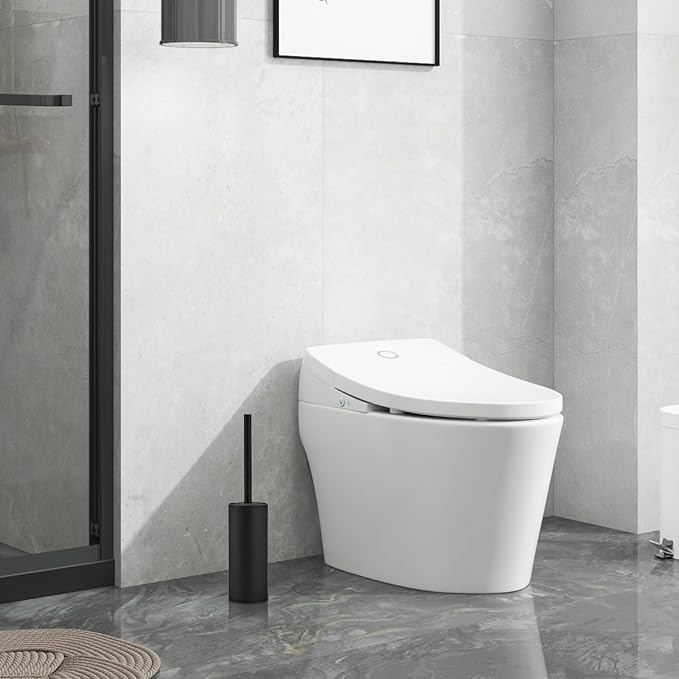 304 Stainless Steel Toilet Bowl Brush and Holder Set Circular Floor Toilet Brush Holder Long Handle Bathroom Heavy-Duty Cleaner High-End Cylinder Wall2 Brush Head (Black) YIGUANXIN