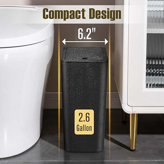 TrashAid 2 Pack Bathroom Trash Can with Lid 2.6 Gallon / 10 Liter Small Garbage Can with Press Top Lid Plastic Wastebasket with Pop-up Lids for Toilet Office Bedroom Living Room Black