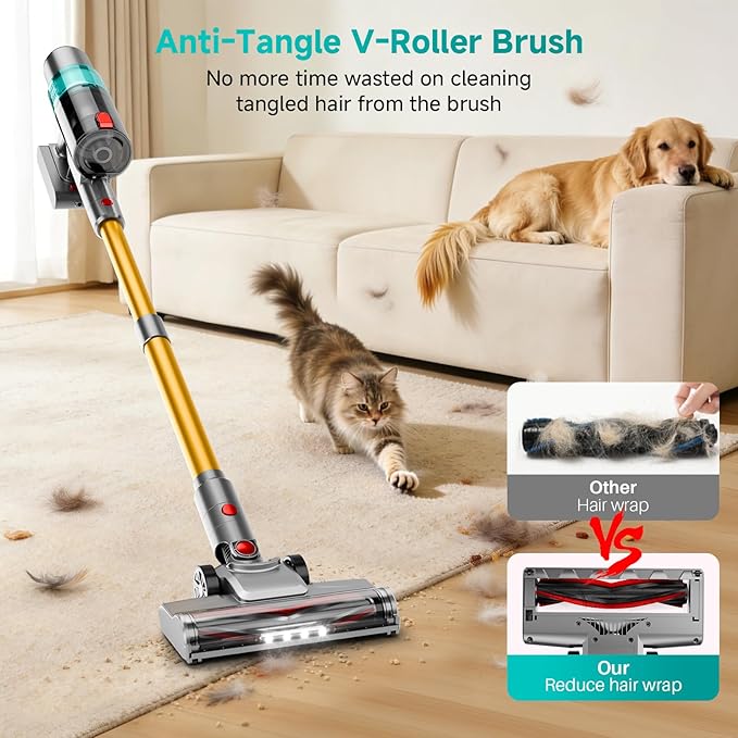 Cordless Vacuum Cleaner: Portable 6-in-1 Stick Vacuum with Anti-Tangle Brush LED Headlight Self-Standing HD Display Rechargeable Vacuum for Pet Hair Low-Pile Carpet and Hardwood Floor-Green