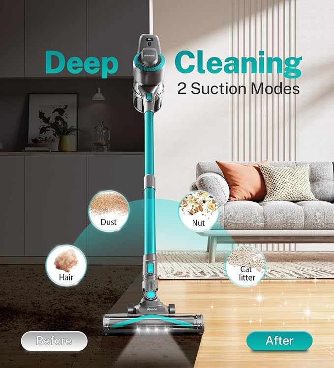 DEVOAC Cordless Vacuum Cleaner Ultra-Lightweight Stick Vacuum 2200mAh Battery Up to 40mins Runtime 6 in 1 Powerful Handheld Vacuum for Home Hard Floor Carpet Pet Hair (Waterfall)