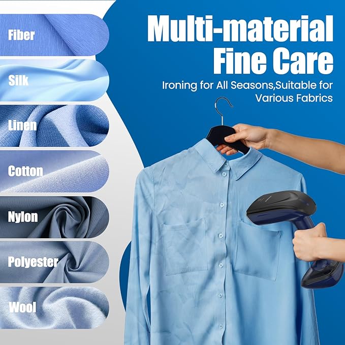 Powerful Handheld Fabric Steamer - 1800W with Fast Ceramic Heat-Up Plate 2-in-1 Ironing &amp Wrinkle Remover Steam Nozzle Lint Brush - Blue for US 120V Only