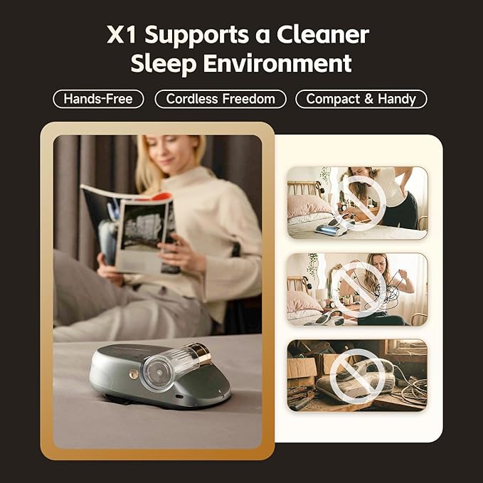 X1 Robot Bed Vacuum Automatic Mattress Vacuum Cleaner with Intelligent Path Planning UV-C Light HEPA Filter One-Click 100% Dust &amp Pet Hair Removal for Bed Mattress Sofa Carpet