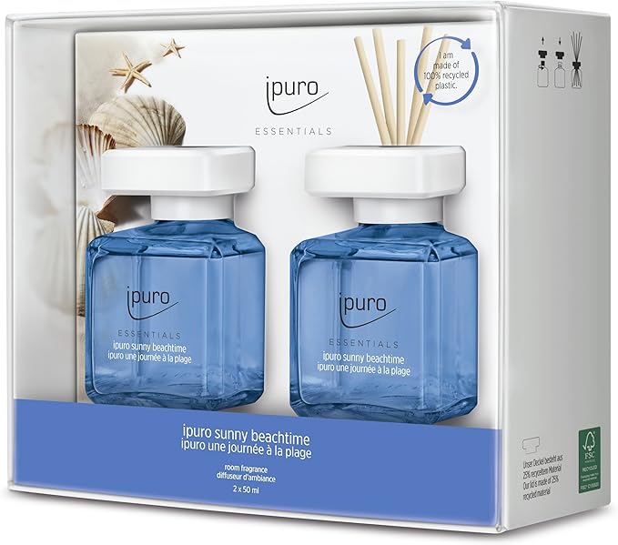 ipuro - Essentials Sunny Beachtime Room Fragrance 2 x 50 ml | Room Freshener with Grapefruit Lemon &amp White Musk Fragrance Aroma | Diffuser with Sticks | Air Freshener for the Home