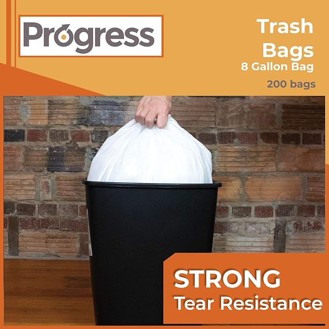 Progress Trash Bags – 8 Gallon Twist Tie Portable Garbage Bags Can Liners for Kitchen Bedroom Bathroom Office Car | Waste Disposal Supplies (200 Count)