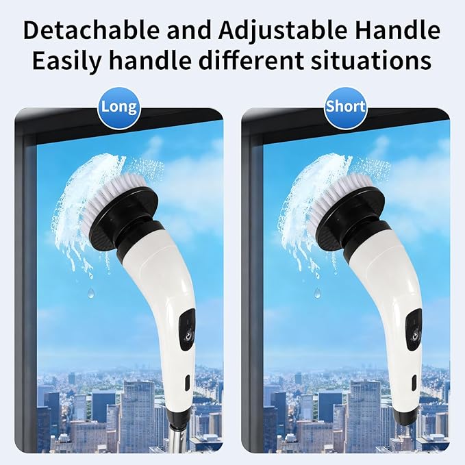 Rechargeable Electric Spin Scrubber Waterproof Power Cleaner with 7 Brush Heads1 Window Squeegee2 Speeds Adjustable Long Handle for Bathroom Floor Shower Tile &amp Kitchen Cleaning (White)