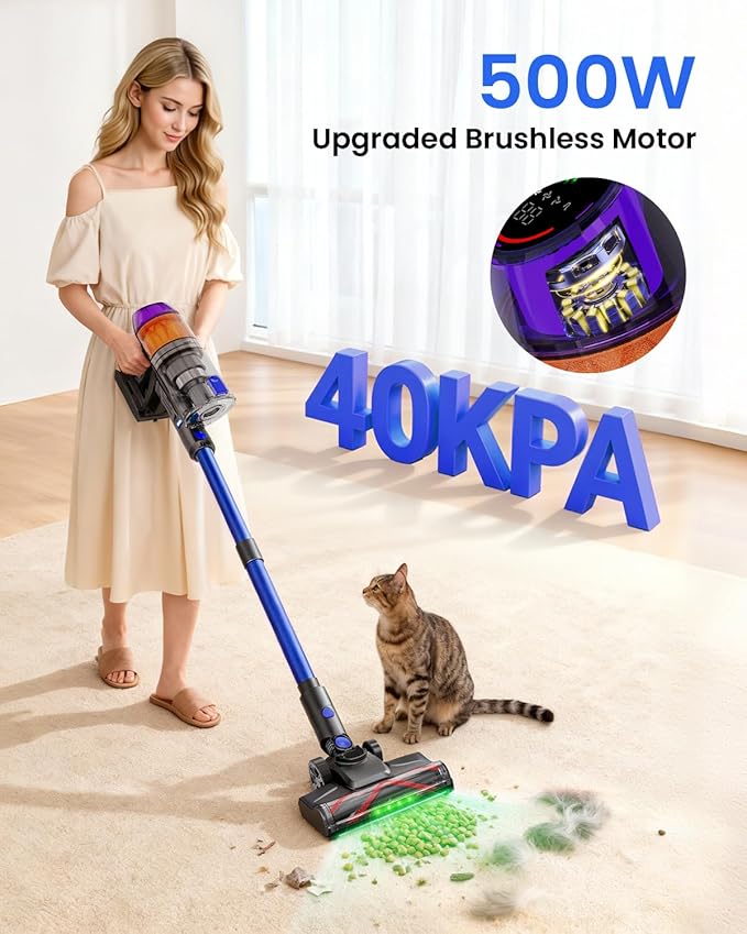 Cordless Vacuum Cleaner500W 40KPa 60Mins Vacuum Cleaners for HomePowerful Stick Vacuum With Green LightAnti-tangle Wireless Vacumm Rechargeable Vacuum for Pet Hair/Carpet/Hardwood FloorBlue