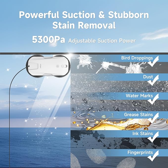 FMART T11 Window Cleaning Robot Auto 4-Way Water Spray 5300Pa Strong Suction High-Speed Cleaning &lt60dB Ultra-Quiet 60mm Slim Window Robot Smart Navigation Anti-Drop &amp 50min UPS Protectio