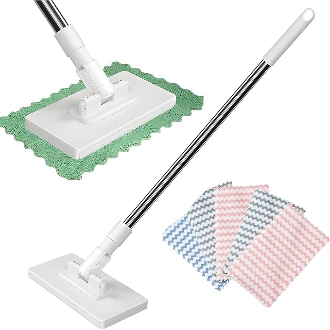 Snap Grip Mini Mop Zero Touch Mini Mops Lazy Mops with Locking Head &amp 5 Reusable Cloths Wash-Free Mini Mop for Dry and Wet Use Long Handle Stick for Multi-Surface Cleaning (White)