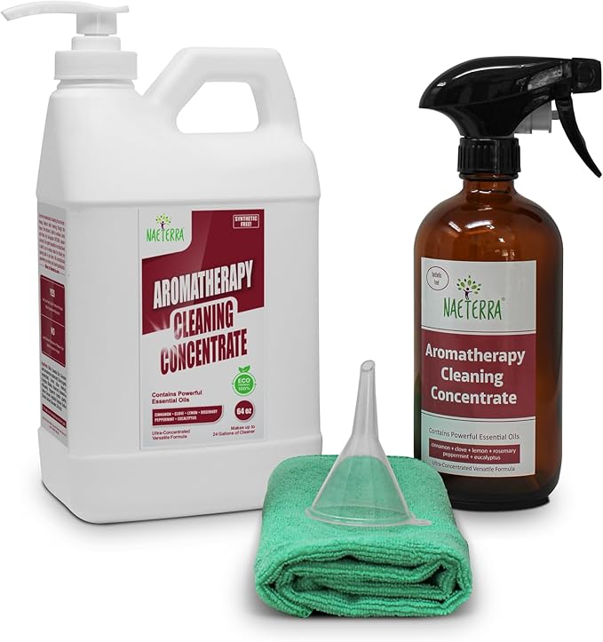 Naeterra Aromatherapy Cleaning Starter Kit – 64oz Plant-Based Concentrate 16oz Amber Glass Bottle Funnel &amp Cloth – Legendary Apothecary Botanical Blend – No Synthetics – Makes 128 Refills
