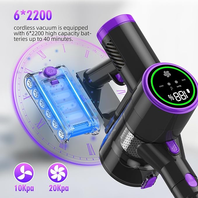 Cordless Vacuum Cleaner for Home 250W 20KPA Stick Vacuum with 40Min Runtime Detachable Battery 6 in 1 Lightweight Cordless Vacuum Cleaner with LED Display for Hardwood Floors Carpet Pet Hair Car