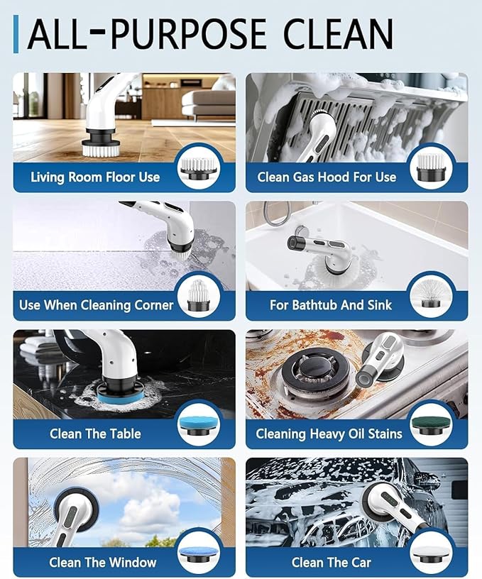 Electric Spin Scrubber for Cleaning Bathroom Shower Scrubber Cordless Cleaning Brush with IPX7 Waterproof &amp 3 Speed 9 Brush Heads Bathroom Cleaning Supplies for Shower Tub Kitchen Tile Toilet F