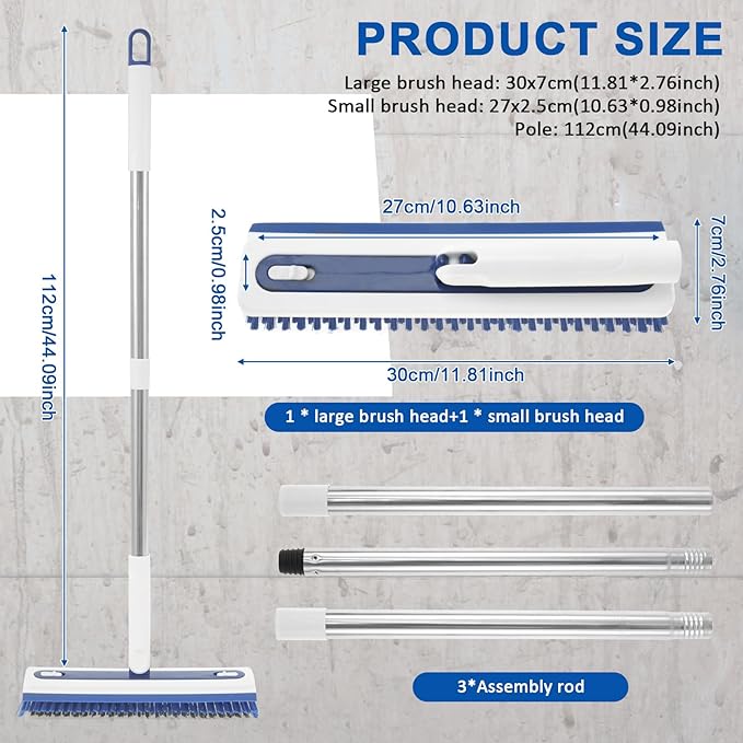 Floor Scrub Brush with Long Handle Floor Grout Scrub Brush 2 in 1 Heavy Duty Stiff Bristle Scrubber with Squeegee for Scrubbing Deck Tile Garage Floor Patio Concrete Shower Bathroom