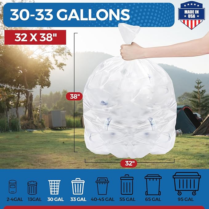 Fuxury 30-33 Gallon Trash Bags Medium Duty 250 Count Garbage Bags 32 x 38 Extra Large Clear Trash Bags 0.6 Mil Plastic Bags for Serious Garbage Cleanup Made in USA