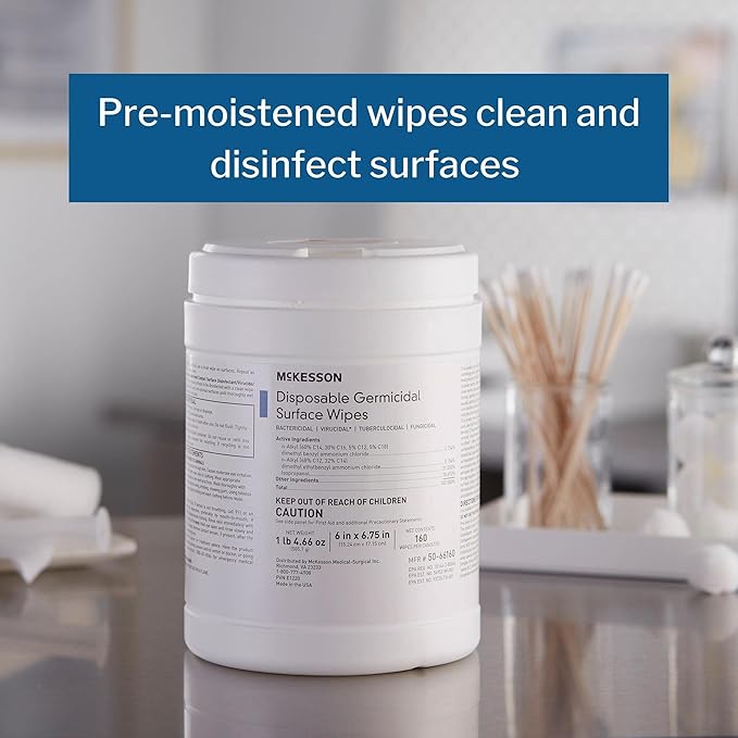 McKesson Germicidal Wipes [1920 Count] Disinfecting Wipes Alcohol Cleaning Disinfectant Wipes Hospital Grade Multi-Surface Wipes 160 Wipes 12 Pack