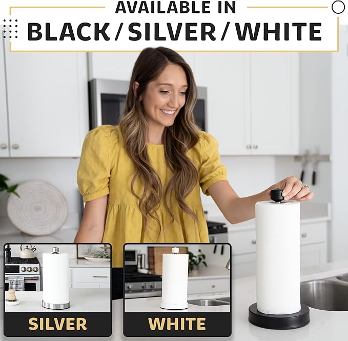 Heavy-Duty Stainless Steel Paper Towel Holder - Easy One-Handed Tear with Suction Cups - Modern Weighted Standing Countertop Dispenser for Kitchen - Holds All Paper Towel Rolls White