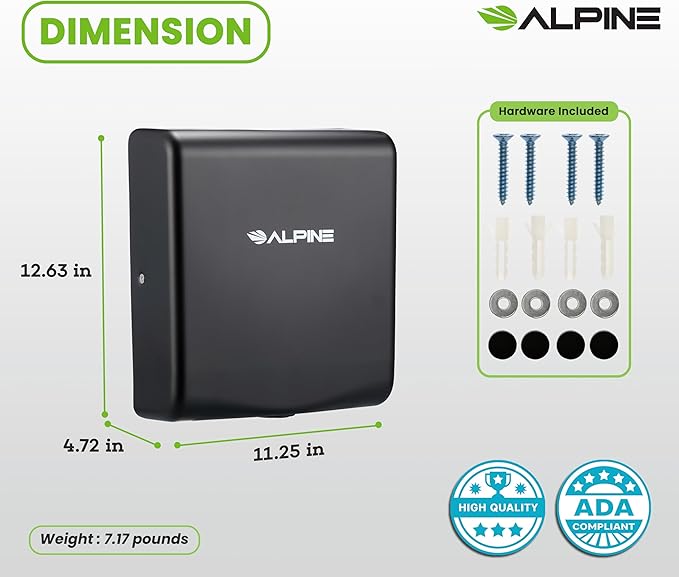 Alpine Hand Dryers for Bathrooms Commercial Extreme Speed Automatic Electric Hand Dryer for Home Bathroom/Restaurant with HEPA Filter Heat &amp Speed Control - ADA Compliant (120v Matt Black)