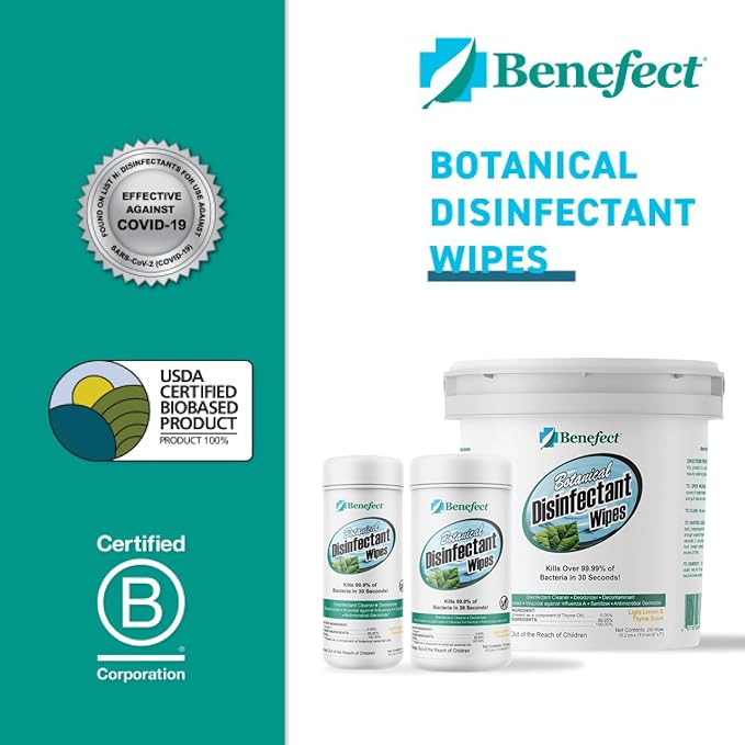 Benefect Botanical Disinfecting Wipes - (250 Wipe Count) Natural No Residue - Antibacterial Disinfectant Multi-Surface Cleaning and Sanitizing Wipes