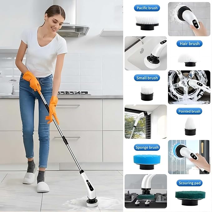 Electric Spin Scrubber with Adjustable Handle 9 Brush Heads 2 Speeds for Bathroom Tile Shower Floor Cleaning