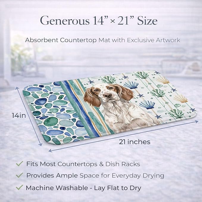 Caroline's Treasures Liver Belton English Setter Coastal Sea Glass Dish Drying Mat Absorbent Dish Drying Mat Pad for Kitchen Counter Dish Drainer Mat for Countertop 14 x 21 Multicolor