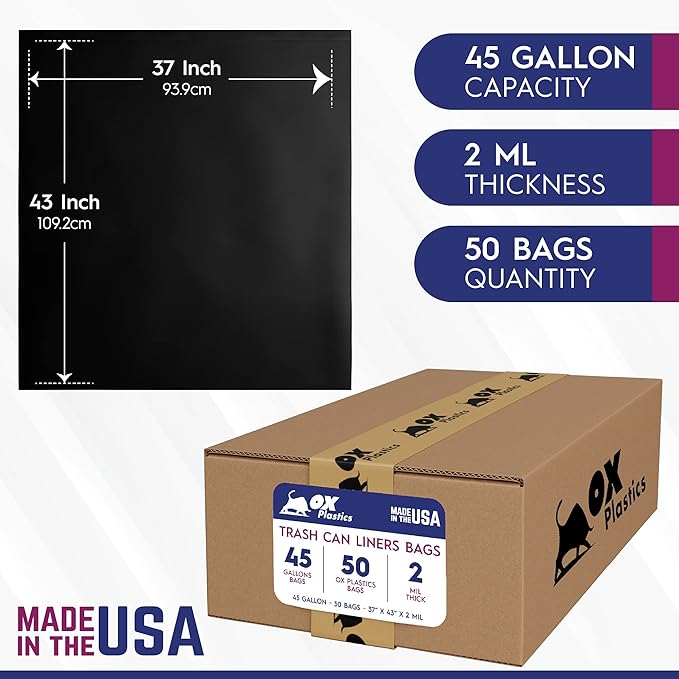 Ox Plastics Trash Can Liners Bags - 42 Gallon Capacity &amp 1.5mil Thick Extra Heavy Duty Strength - Large Garbage Leak-Proof &amp Durable House &amp Commercial Use Bags Black 37 X 43 (50 Count)
