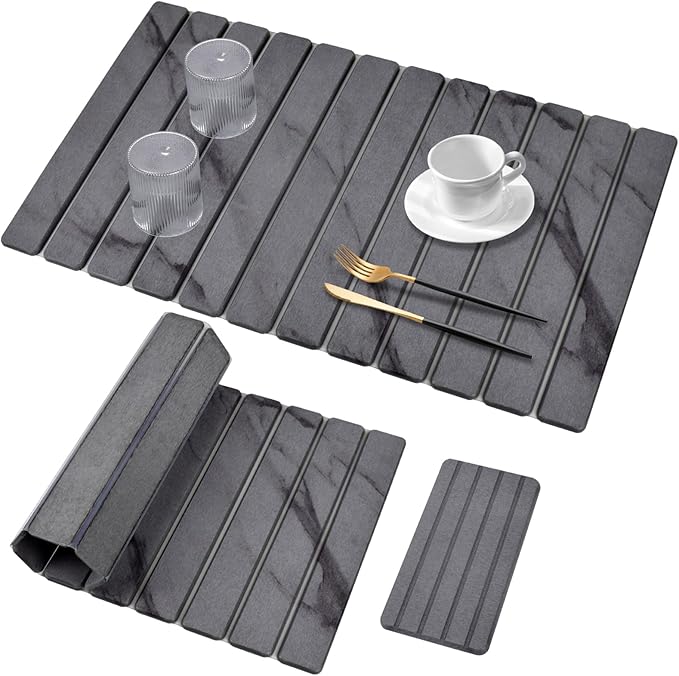 2 PCS Extra Large Stone Dish Drying Mat for Kitchen Counter 28×16 Marble Dish Drying Mat with 8x 4 Coasters Non - Slip Collapsible Absorbent Mat for Multi - Purpose Match Any Countertop