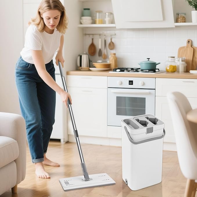 Flat Mop and Bucket with Wringer Set Hands-Free Floor Mop and Bucket with 3 Reusable Washable Microfiber Pads and 66 Stainless Steel Handle Wet and Dry Use for Home Floor Cleaning